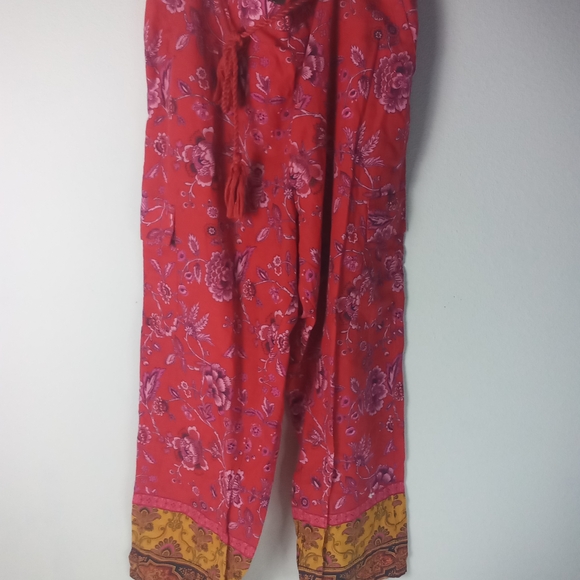 Sundance Boho Floral Paisley Print Pants Tassel Tie Coral Yellow Size L - Picture 2 of 5